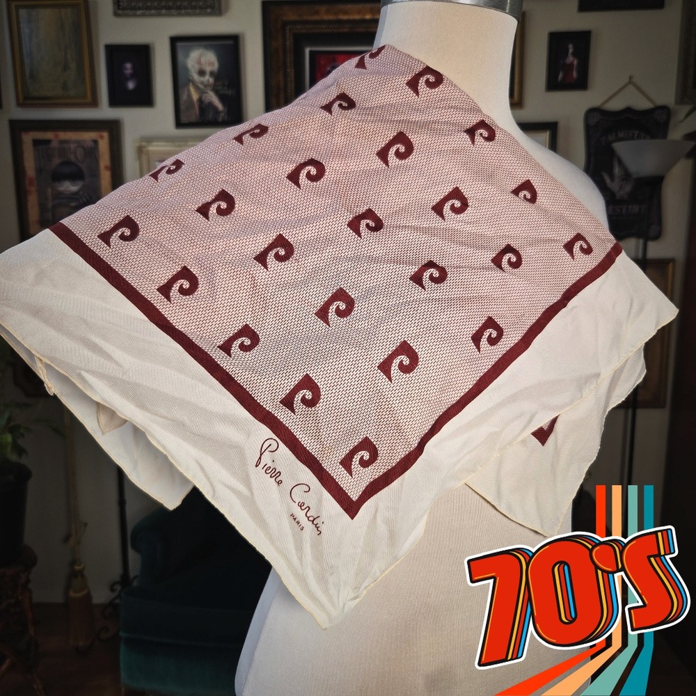 Pierre Cardin Scarf‎ Vintage 1970s Burgundy White Logo Square Made in France 24"